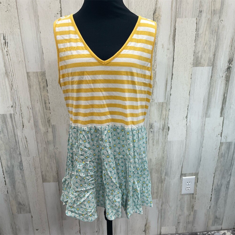 Matilda Jane Tunic Tank Top Womens L Yellow White Striped Floral Hem